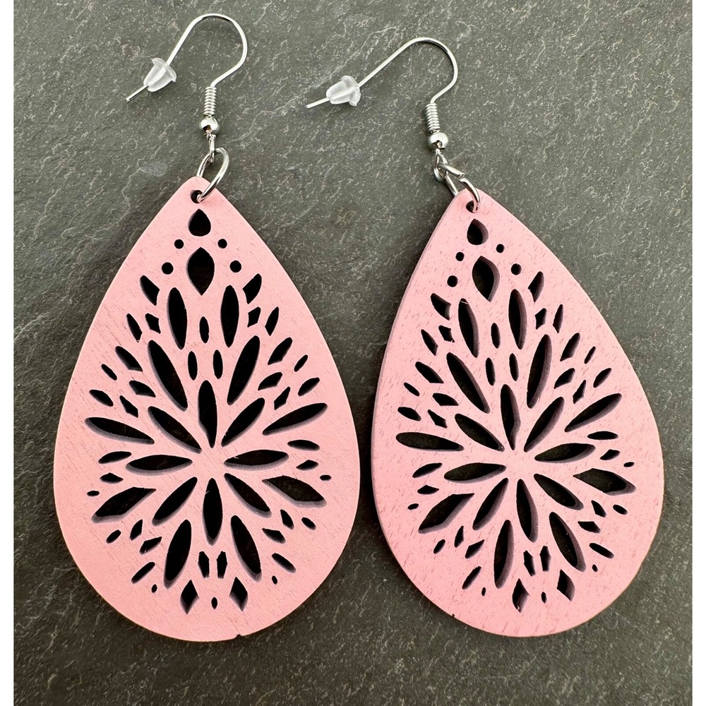Pink Starburst Earrings Laser Cut Stained Wood